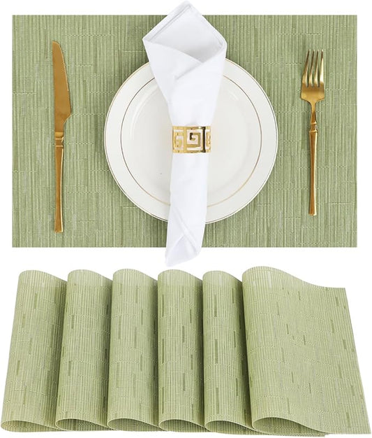 Green Placemats Set of 6 Washable Place Mats PVC Vinyl Woven Table Mats for Dining Table Durable Heat Resistant Non-Slip Size 12 x 17 Inch