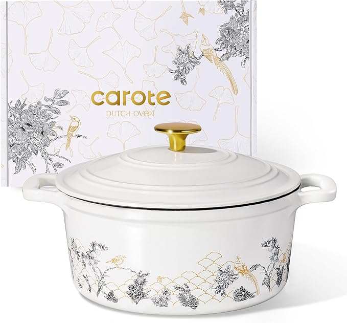CAROTE 5QT Cast Iron Dutch Oven Pot with Lid, Enameled Floral Dutch Ovens with Gift Box, Cast Iron Pot for Sourdough Bread Baking, Braising, Stews, Roasting, Dual Handles, Healthy & Non-Toxic, All Stovetop Compatible, Oven Safe up to 500째 F, White