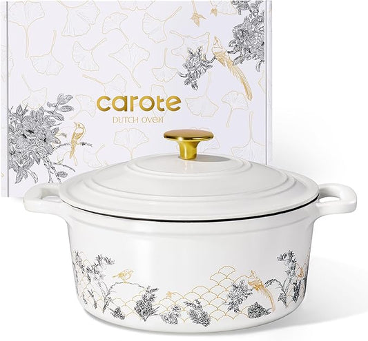 CAROTE 5QT Cast Iron Dutch Oven Pot with Lid, Enameled Floral Dutch Ovens with Gift Box, Cast Iron Pot for Sourdough Bread Baking, Braising, Stews, Roasting, Dual Handles, Healthy & Non-Toxic, All Stovetop Compatible, Oven Safe up to 500째 F, White