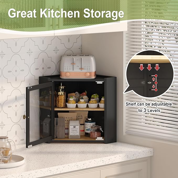 Corner Bread Box for Kitchen Countertop, Large Bread Container Storage Vintage Wooden Farmhouse Bread Box with Window for Homemade Bread Holder (Black)
