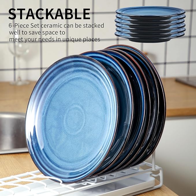 HASENSE 10 Inch Dinner Plates Set of 6,Ceramic Large Porcelain Pasta and Salad Plates,Blue Stoneware Plate Set Microwave,Oven,and Dishwasher Safe