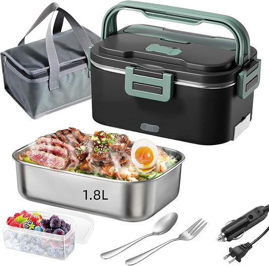 Vidaskeci Electric Lunch Box for Adultss 100W 1.8L Portable Heated Lunch Box for 12V/24V/110V home/Car/Office/Truck,1,8L Removable 304Stainless Steel Container (Black + Green)