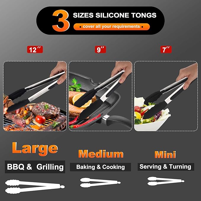 Anaeat Non-Stick Silicone Locking Tong Set of 3 - Stainless Steel 7", 9", 12" Kitchen Food Tongs with Non-Slip Silicone Tips and Grip for Cooking, Baking and BBQ - Heat Resistant up to 480째F (Black)