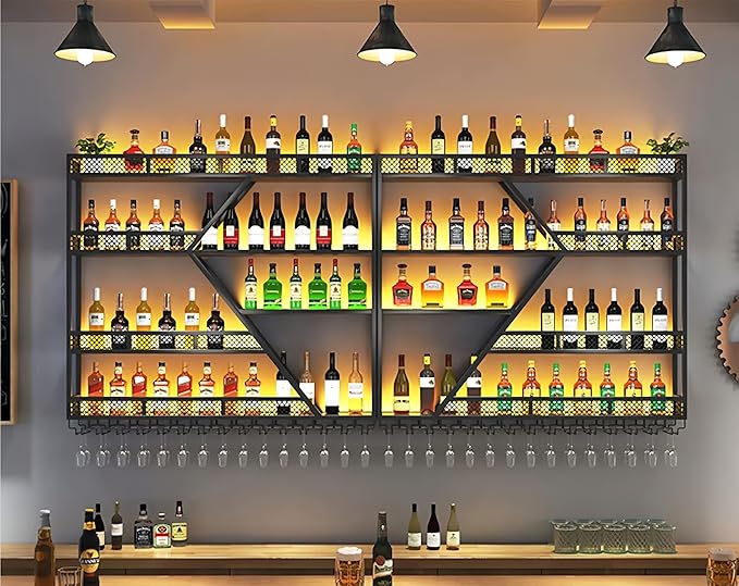 Modern Wall Mounted Wine Rack w/LED Light, Metal Wall Bar Shelves Wall Mounted w/Glass Holder, Large Liquor Shelf for Liquor Bottles for Home Bar & Dining Room(Black-Yellow Led, 4 Tier-79in)