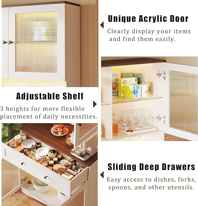 71" Pantry Cabinet with LED Lights and Charging Station, Kitchen Pantry Storage Cabinet with Large Drawer, 4 Doors and 3 Adjustable Shelves, Kitchen Cabinets with Countertop, Light White