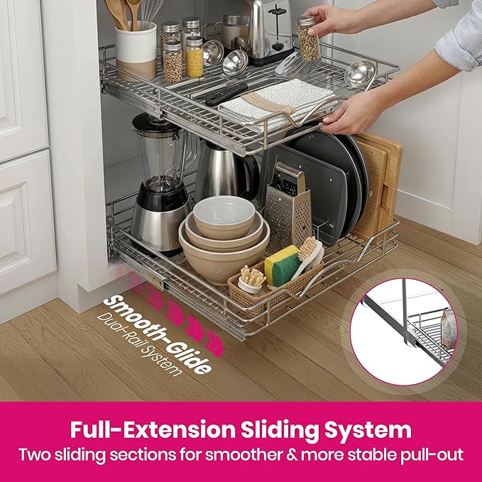 HOLDN??STORAGE Two Tier Pull Out Cabinet Organizer, Individual Sliding Drawers - Heavy Duty Metal with Lifetime Limited Warranty - Anti Rust Chrome Finish - 14" W x 21?쒭 x 16.5" H
