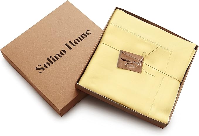 Solino Home Linen Yellow Tablecloth 60 x 132 Inch - Classic Hemstitch, 100% Pure Linen Rectangular Tablecloth - Machine Washable Table Cloth for Valentines, Spring, Easter