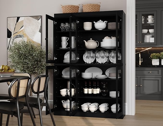Palace Imports 100% Solid Wood 48.5" Pantry China Cabinet with Clear Glass Doors and Adjustable Shelves (Black)