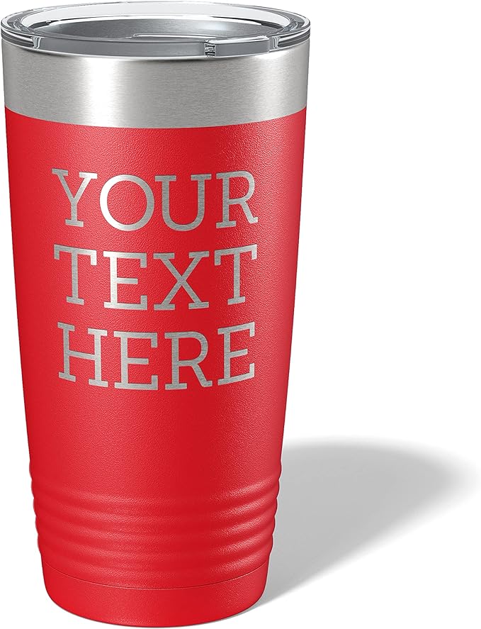 Personalized 20oz (17 Colors) Powder Coated Insulated Stainless Steel Tumbler with Lid, Custom Etched, Customized Text Message Name, Engraved Gift Idea Women Men Him Her, Your Text Here (Red)