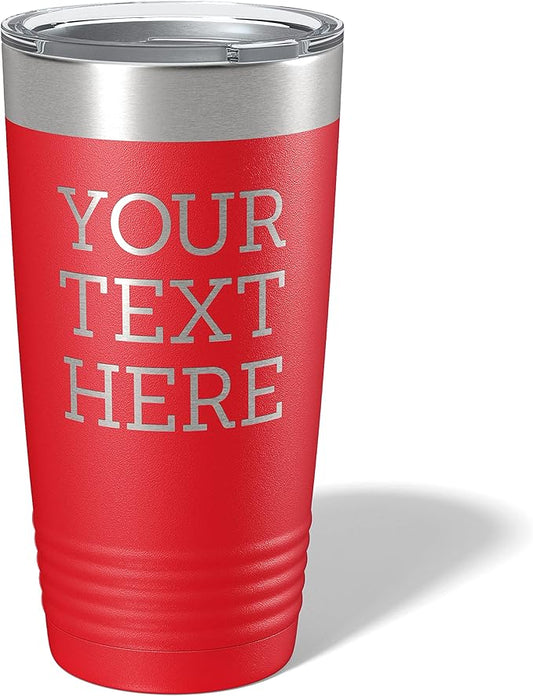 Personalized 20oz (17 Colors) Powder Coated Insulated Stainless Steel Tumbler with Lid, Custom Etched, Customized Text Message Name, Engraved Gift Idea Women Men Him Her, Your Text Here (Red)