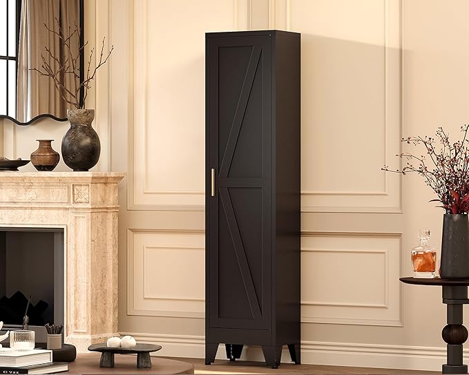 67?쏦 Metal Narrow Kitchen Pantry Cabinet,Black Skinny Pantry Cabinet,Tall Narrow Bathroom Storage Cabinet with Adjustable Shelves,Slim and Thin Pantry Cabinets for Living Room Dining Room