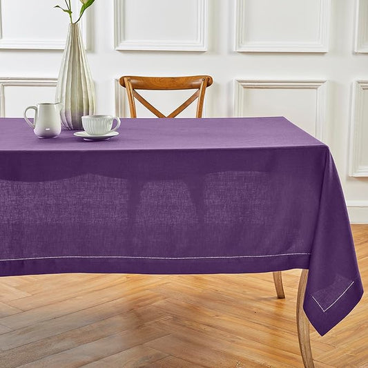 Solino Home Linen Tablecloth 60 x 108 Inch - Classic Hemstitch 100% Pure Linen Purple Table Cloth for Rectangle Tables - Machine Washable Tablecloth for Valentines, Spring, Easter