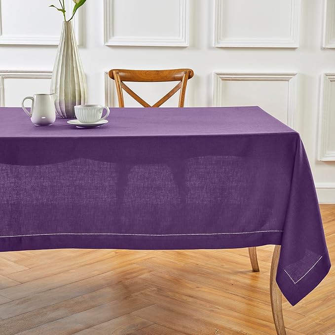 Solino Home Square Linen Tablecloth 52 x 52 Inch - 100% Pure Linen Purple Table Throw - Classic Hemstitch, Machine Washable Table Cloth for Valentines, Spring, Easter