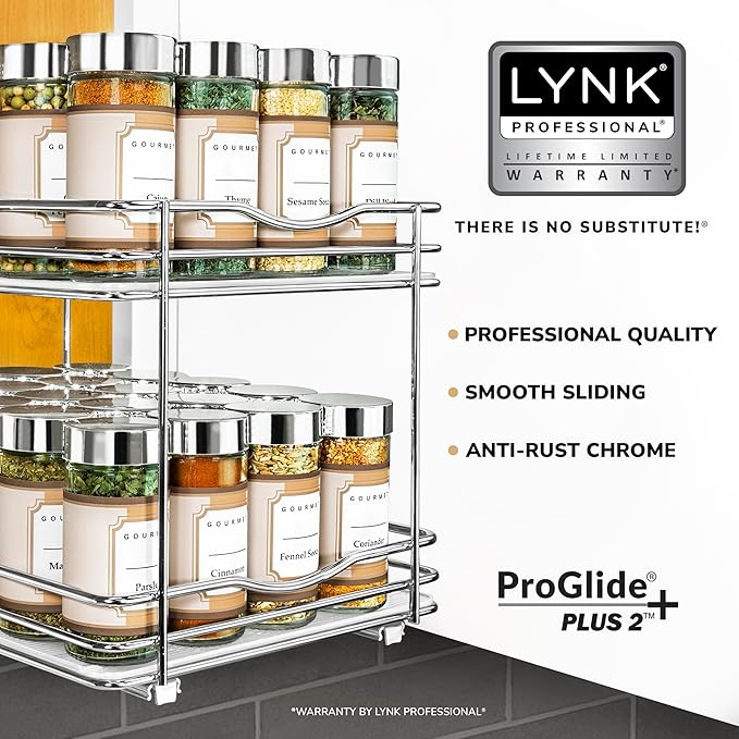LYNK PROFESSIONAL짰 Pull Out Spice Rack Organizer for Inside Kitchen Cabinets - 8-3/8 inch Wide - Slide Out Drawer ??Chrome Sliding Spice Cabinet Organization Shelf Racks - 2 Tier