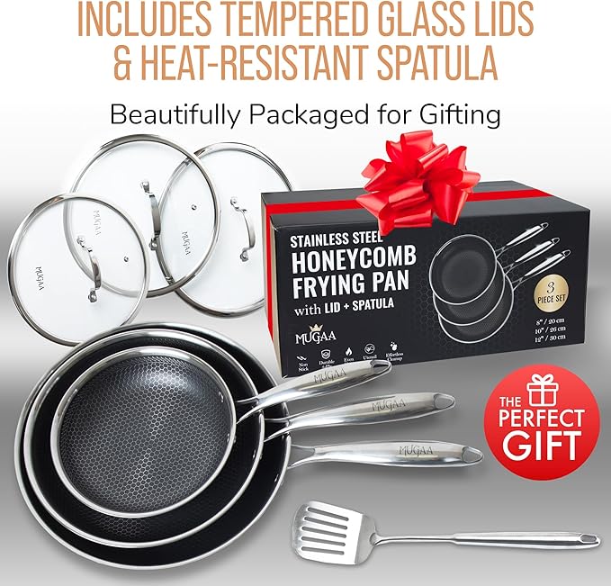Stainless Steel Honeycomb 12.5??Wok + 3-Piece Nonstick Frying Pan Set (8?? 10?? 12?? with Lids & Spatula, Tri-Ply Hybrid Cookware Bundle, PFOA-Free, Induction, Dishwasher & Oven Safe