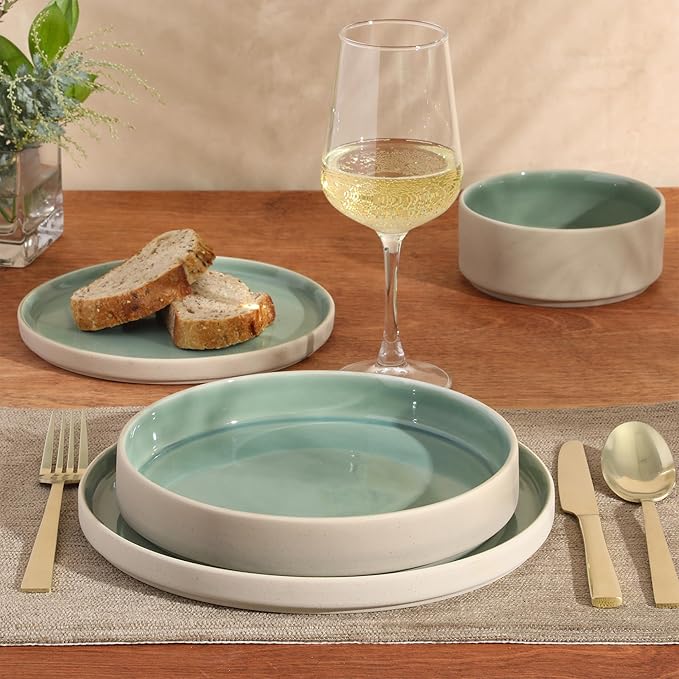 Gibson Elite Liberty Bay 16-Piece Pottery Clay Stoneware Dinnerware Set ??Mint Green Reactive Glaze, Stackable Plates and Bowls W/Pasta Bowl, Service for 4 ??Microwave & Dishwasher Safe