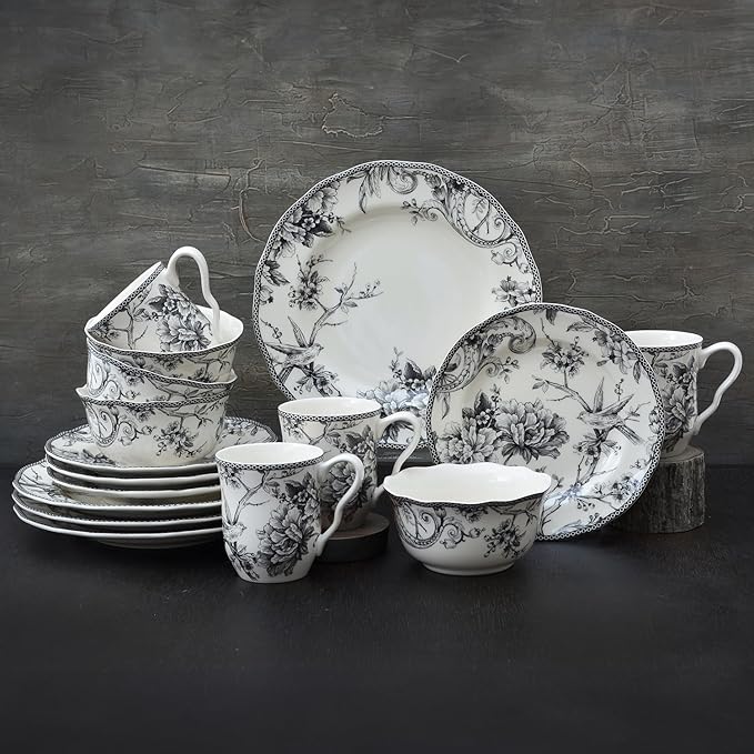 222 Fifth Adelaide 16-Piece Black Porcelain Dinnerware Set ??Service for 4, Featuring Hand-Applied Romantic Woodland Bird Design, for Everyday Dining & Entertainment, Microwave & Dishwasher Safe