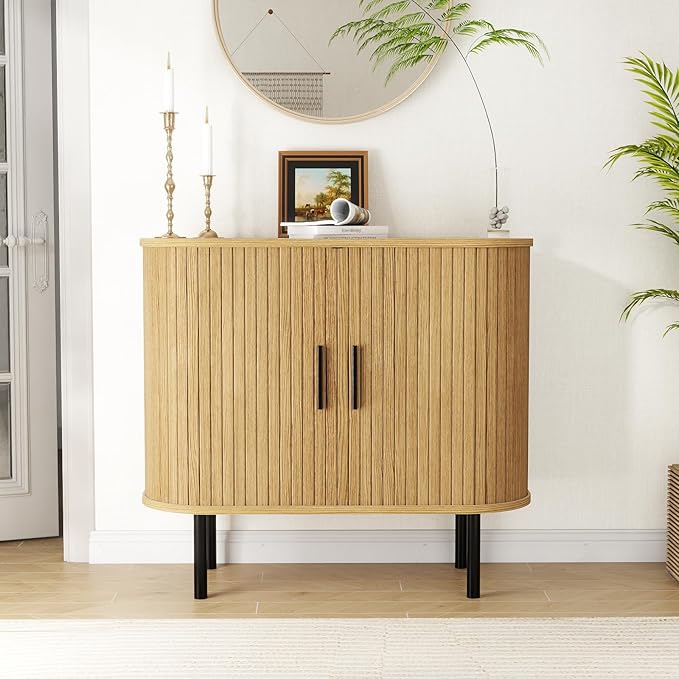 EAG Buffet Cabinet with Storage, 35" Fluted Sideboard Cabinet with Sliding Doors/Adjustable Shelves/Curved Profile, Credenza Cabinets for Living Room, Kitchen, Entryway, Natural