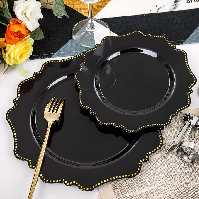COLOSUS 60pcs Disposable Plastic Plates Set, Gold Black Party Plates, 30pcs Dinner Plates and 30pcs Salad/Dessert Plates for Wedding, Party, Anniversary, Daily Use竊똍ew Year