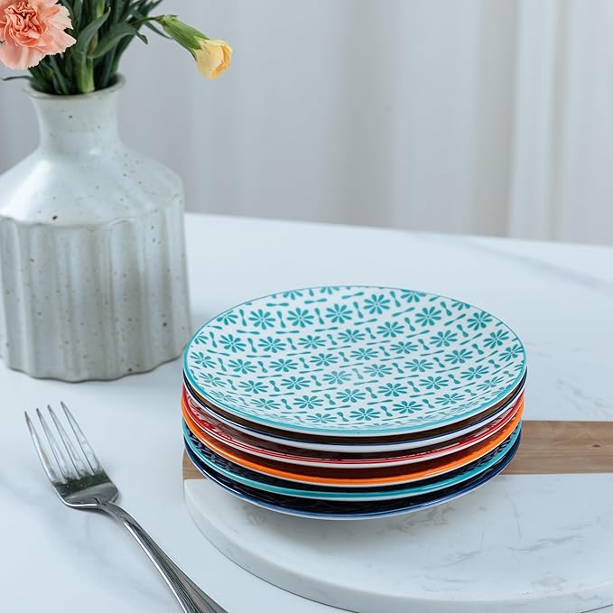 LEHAHA Ceramic Appetizer Plates Set of 6, Small Dessert Plates 6 inch, Colorful Round Salad Plate, Porcelain Serving Dishes for Cake, Waffle, Bread, Microwave & Dishwasher Safe