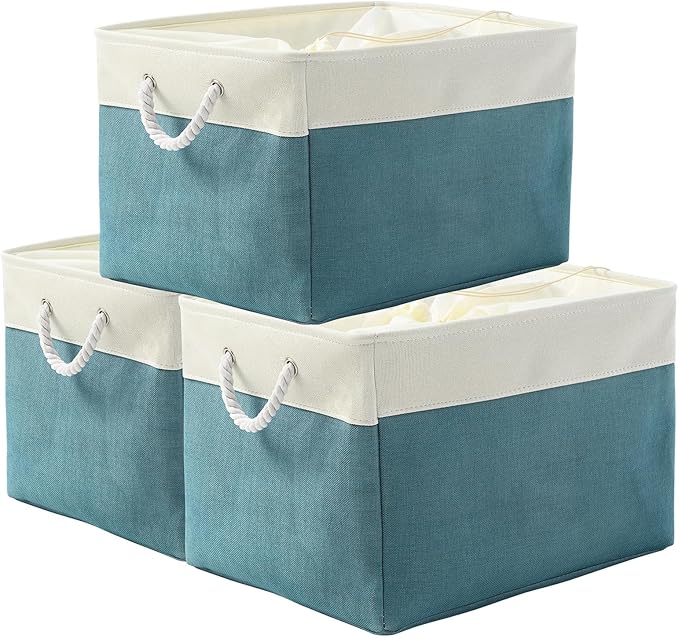 TheWarmHome Storage Bin for Shelves - Extra Jumbo 3 Pack 20.5L횞15.7W횞13.8H Storage Basket for Organizing, Fabrin Storage cubes with Drawstring Cover for Living Room Bedroom Decor Closet竊늋hite & Green