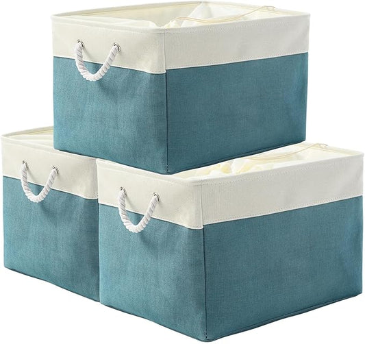 TheWarmHome Storage Bin for Shelves - Extra Jumbo 3 Pack 20.5L횞15.7W횞13.8H Storage Basket for Organizing, Fabrin Storage cubes with Drawstring Cover for Living Room Bedroom Decor Closet竊늋hite & Green