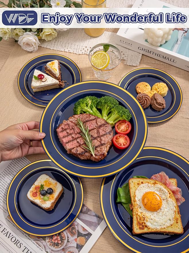 350PCS Navy Blue and Gold Plastic Plates with Rolled Napkins Include Dinner Plate 10?쇺? Dessert Plate 7?쇺? gold Cups 9 OZ, Pre Rolled Napkins 25 of each type for Party/Birthday/Wedding