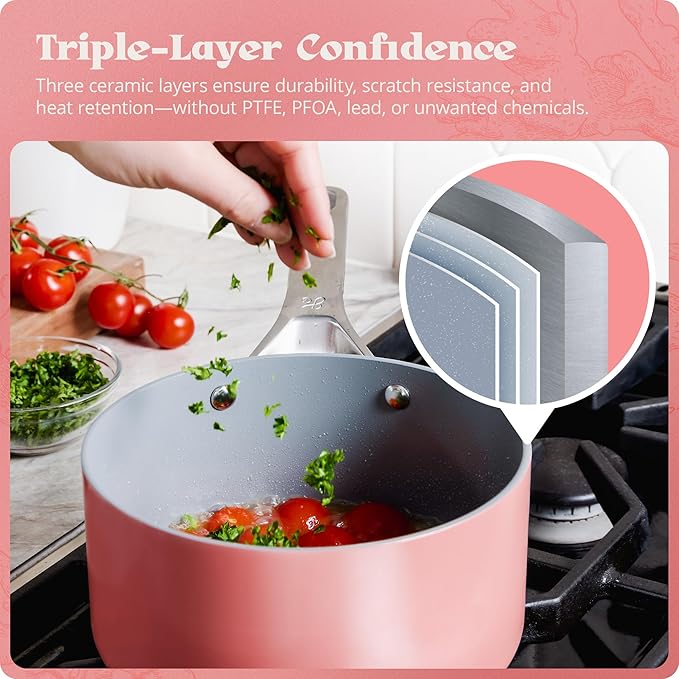 Premium Non-Toxic Ceramic Cookware Set ??Triple-Layer Nonstick 12 Piece Pots and Pans with Lids, PFAS-Free, Oven Safe for Healthy Meals, Space-Saving Design, Coral Pink Color | Greater Goods