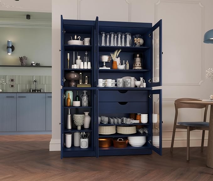 Palace Imports 100% Solid Wood 48.5" Pantry China Cabinet with Clear Glass Doors, 2-Drawers and Adjustable Shelves (Navy Blue)