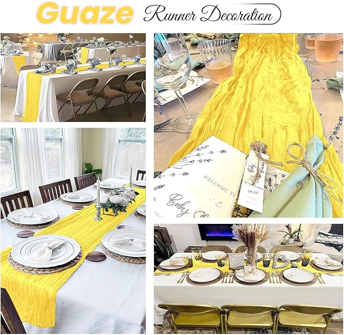 8 Pack Lemon Yellow Cheesecloth Table Runner 20 x 120 inch Gauze Table Runners 10 FT Long,Semi Sheer Boho Cheese Cloth Fabric Table Runner Bulk for Party,Wedding,Baby Shower,Bridal Shower Decoration