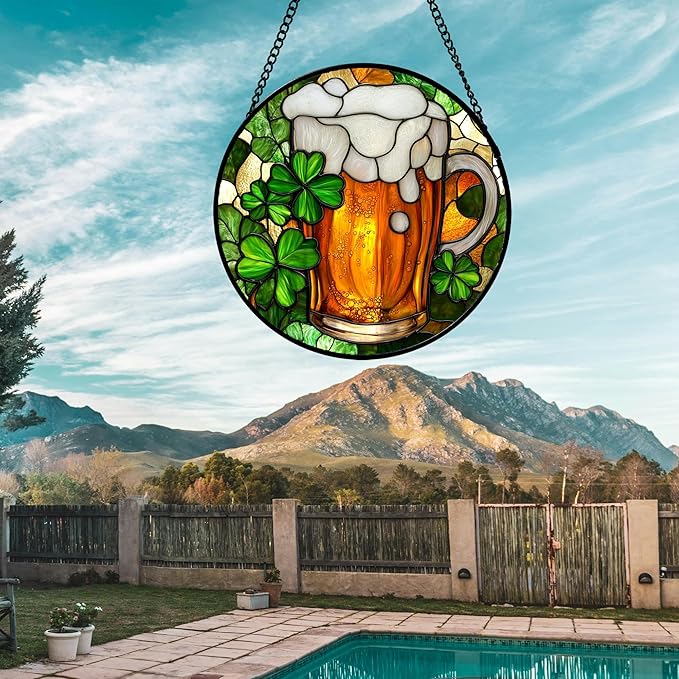 Stained Glass Window Hanging Green Clover Beer 6.3" - Suncatcher Door Garden Sun Catcher Ireland Decor Birthday Mother's St. Ripack's Day Gift for Woman Mom Men Friend Nana Wife Aunt