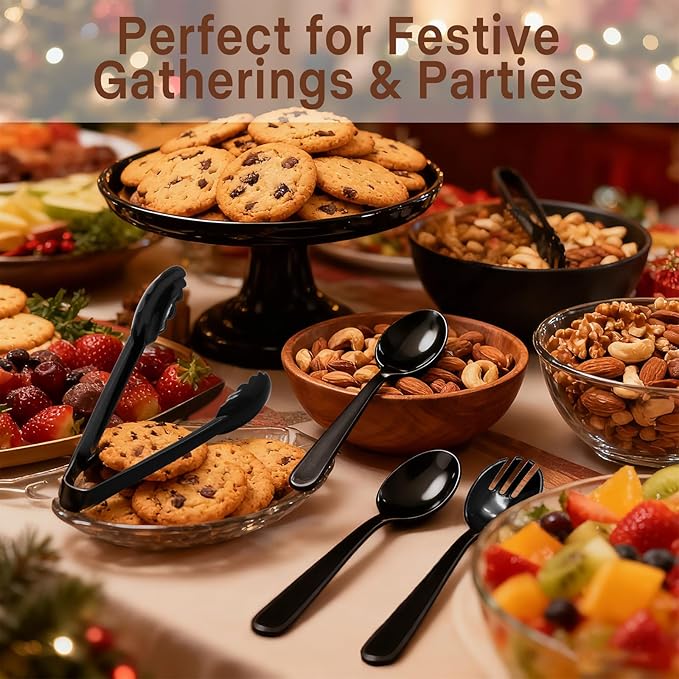 Reusable Serving Utensils Set 24 Pcs - 8 Heavy Duty Plastic Tongs, 8 Spoons & 8 Forks | Dishwasher Safe Buffet & Party Supplies for Wedding, Catering, Holidays