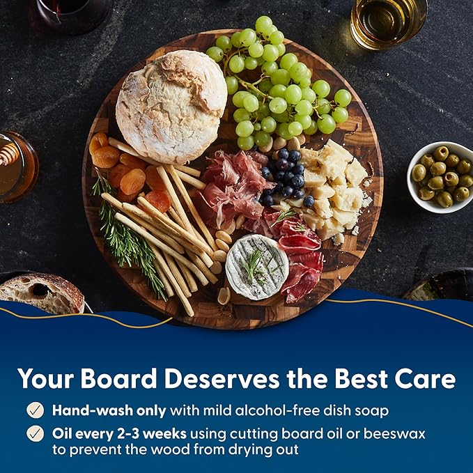 Sonder Los Angeles Vincent Round Cutting Board | Teak Edge Grain Cutting Board for Kitchen with Juice Groove | Perfect for Pizza & Charcuterie | Gift Box Included | 15x15x1.5 in