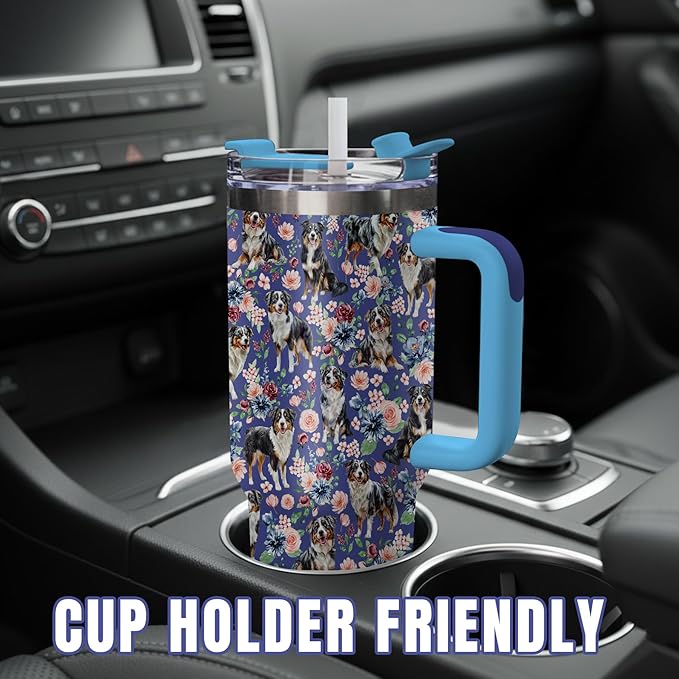 Yogusut Australian Shepherd Gifts for Women, 40oz Stainless Steel Insulated Tumbler Travel Mug Cup with Handle Straw, Gifts for Dog Mom Dog Lover