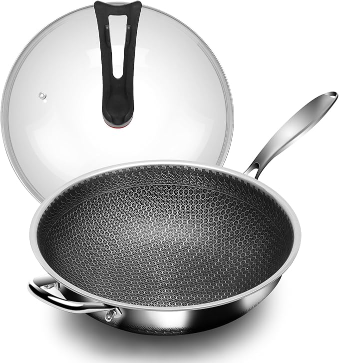 Wok, 12 Inch Stainless Steel Wok, Hybrid Nonstick Woks & Stir-fry Pans with Lid, Honeycomb Flat Bottom Pan with Stay-Cool Handle, Dishwasher and Oven Safe, PFOA Free Cookware