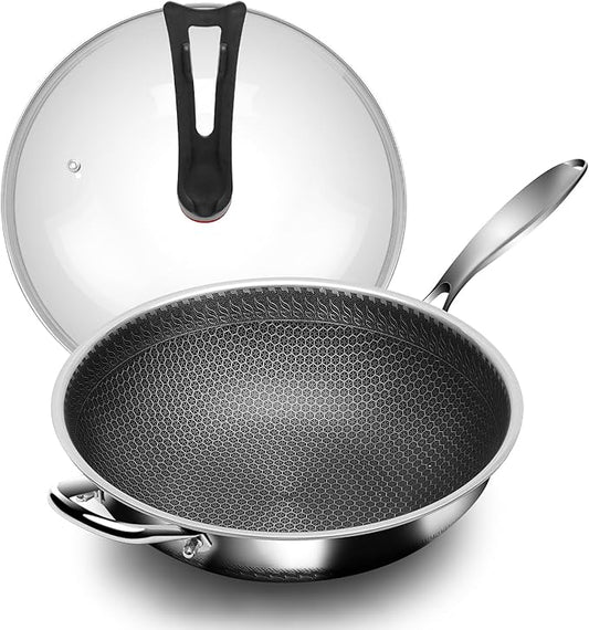 Wok, 12 Inch Stainless Steel Wok, Hybrid Nonstick Woks & Stir-fry Pans with Lid, Honeycomb Flat Bottom Pan with Stay-Cool Handle, Dishwasher and Oven Safe, PFOA Free Cookware