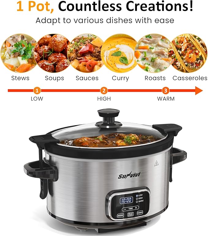 4QT Programmable Slow Cooker with Removable Ceramic Pot, Locking Lid, 3 Heating Settings & Timer, Dishwasher-Safe, Stainless Steel Silver