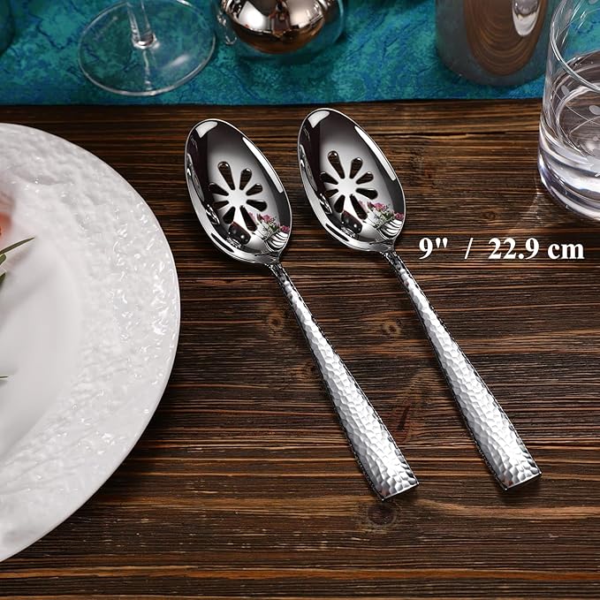 KEAWELL Premium Louis Hammered Serving Utensils, 18/10 Stainless Steel, Squared Edge Design, Mirror Finish, Dishwasher Safe (Slotted Spoons, Set of 2)