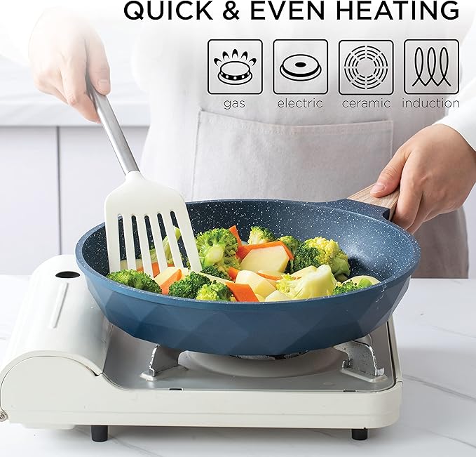 Country Kitchen Non-Stick Cast Aluminum Cookware Set - Durable Kitchen Cookware for Everyday Cooking, Navy Diamond, 11 Pc.