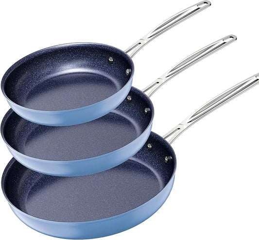 Nuwave 3-Piece Fry Pan Set, 8?? 10?? 12??Forged Lightweight, G10 Healthy Duralon Blue Ceramic Ultra Non-Stick, Induction-Ready & Works on All Cooktops, Ergonomic Stay-Cool Handles