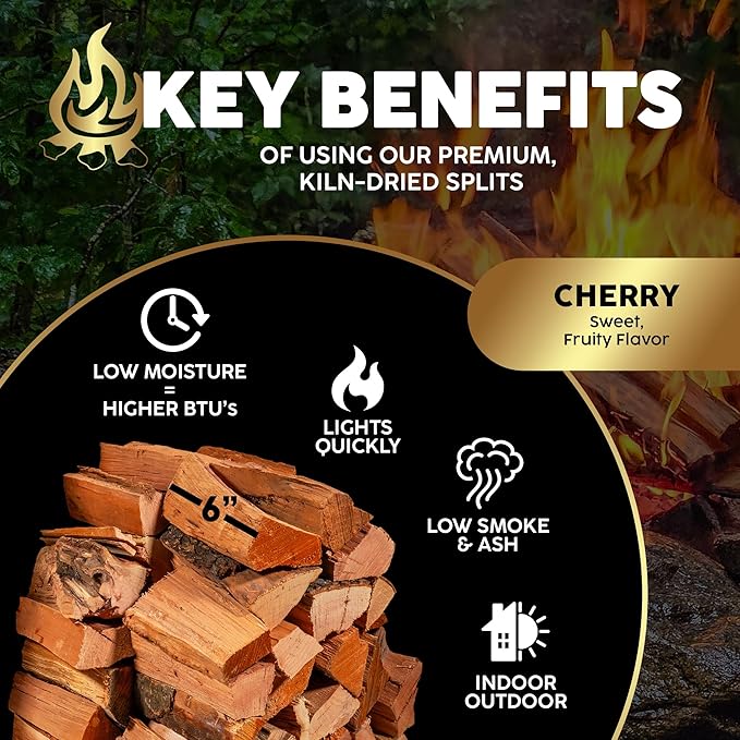 Firewood Central Kiln-Dried PA Cherry ??6??Splits (Approx. 42 lb) ??Sweet Smoking Wood for Pizza Ovens, Grilling, Smoking, BBQ, Stoves & Fire Pits ??Sweet Fruity Flavor, USA-Sourced