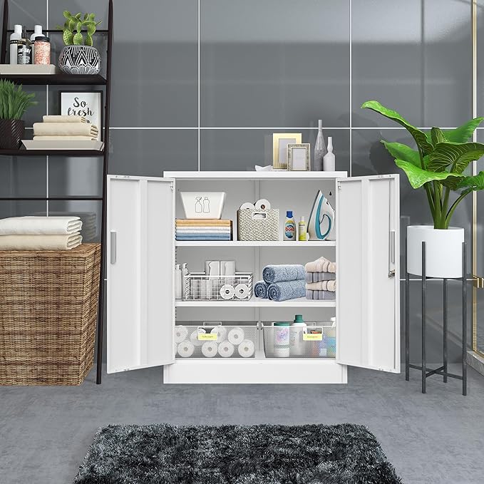CJF Metal Storage Cabinets with Shelves and Doors, Steel Locking Cabinet for Home Office, Garage, Utility Room and Basement, 36.2" H x 31.5" W x 15.7" D (White)