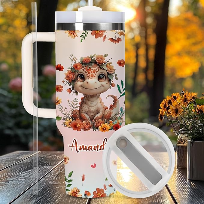AGGLOMEKC Personalized Cute Dinosaur Cup - Mother's Day Birthday Gift For Animal Lovers - Just A Girl Who Loves Dinosaur Tumbler 40oz With Custom Name - Pet Lover Gifts For Women, Her