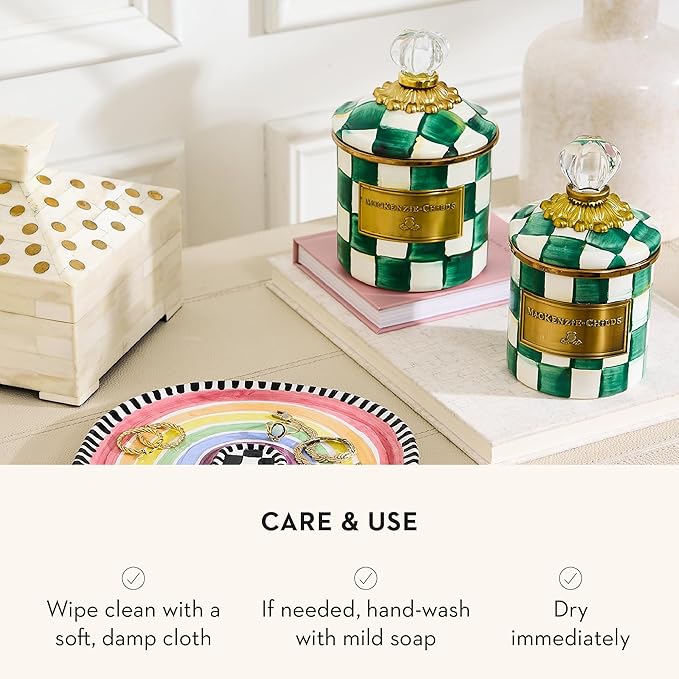 MACKENZIE-CHILDS Mini Enamel Canister, Kitchen Storage Container with Lid, Green-and-White Emerald Check