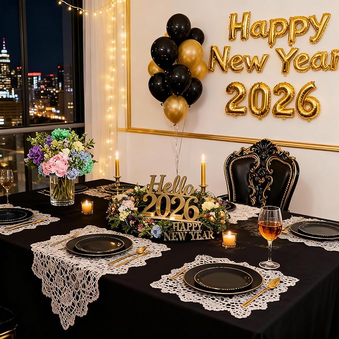 I00000 150Pcs Black Plastic Plates, Black Disposable Plates, Heavy Duty black plates for 30 Guests,Plastic Dinnerware Set Include 30 Dinner Plate,30 Dessert Plate,90 Gold Cutlery Set for Party