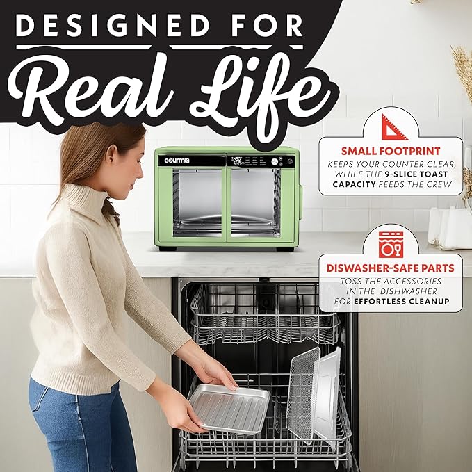 Gourmia French Door Air Fryer Oven - 37 Qt Large Capacity Convection Toaster Oven, FryForce 360°, Digital Display, 12 Cooking Presets, Dehydrate, Fits 13??Pizza, Dishwasher-Safe, Green
