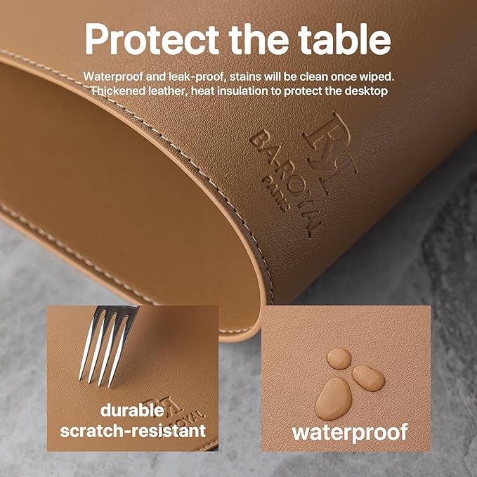 Baroyal Faux Leather Placemats Set of 4 Vinyl Washable Wipeable Table Mats for Kitchen Dining Table Heat Resistant Waterproof Indoor/Outdoor Placemats Non-Slip Easy Clean Place Mats (British Khaki)