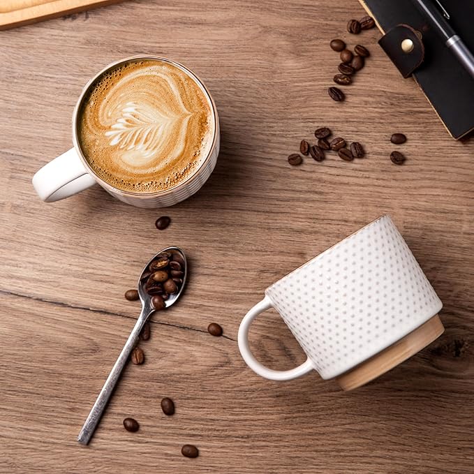 GBhome 15OZ Stackable Coffee Mugs, Ceramic Coffee Mugs with Texture Patterns for Man,Woman,Dad,Mom, Modern Coffee Mugs Set of 4 for Latte/Cappuccino/Cocoa. Dishwasher&Microwave Safe, Off White
