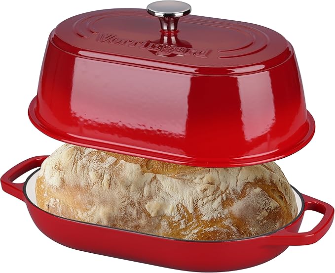 Enameled Cast Iron Dutch Oven Pot with Dome Lid, Oval Bread Oven for Homemade Sourdough Bread Baking, Oven Safe up to 500째F, 6 Quart, Red