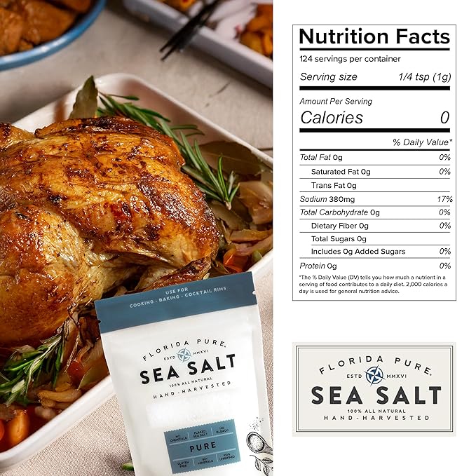 Pure Sea Salt by FLORIDA PURE - 80+ Mineral, Natural, Unrefined, Non Iodized, Addititive-free - for Baking, Cooking, Seasoning & Enhancing Taste - Pure Hand-harvested Flaky Sea Salt (3 oz. Pouch)